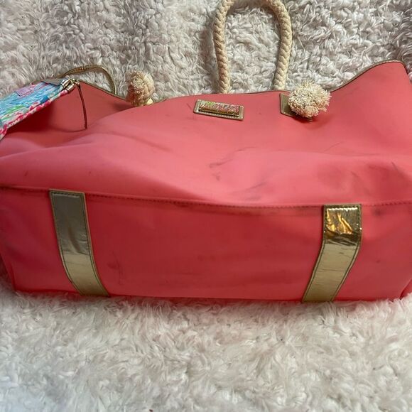 Lilly Pulitzer X Large Beach Bag & Pouch Rubber Pink gold trim robe straps - Picture 10 of 16